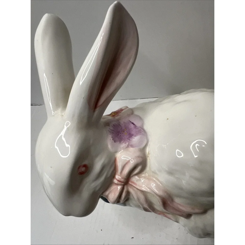 Vintage white ceramic Easter Bunny Figurine With Flowers And Pink Bow